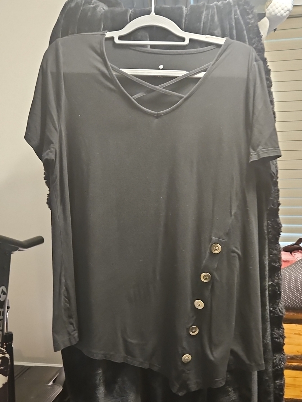 Black Short Sleeve Crisscross Neck Top with Side Button Detail